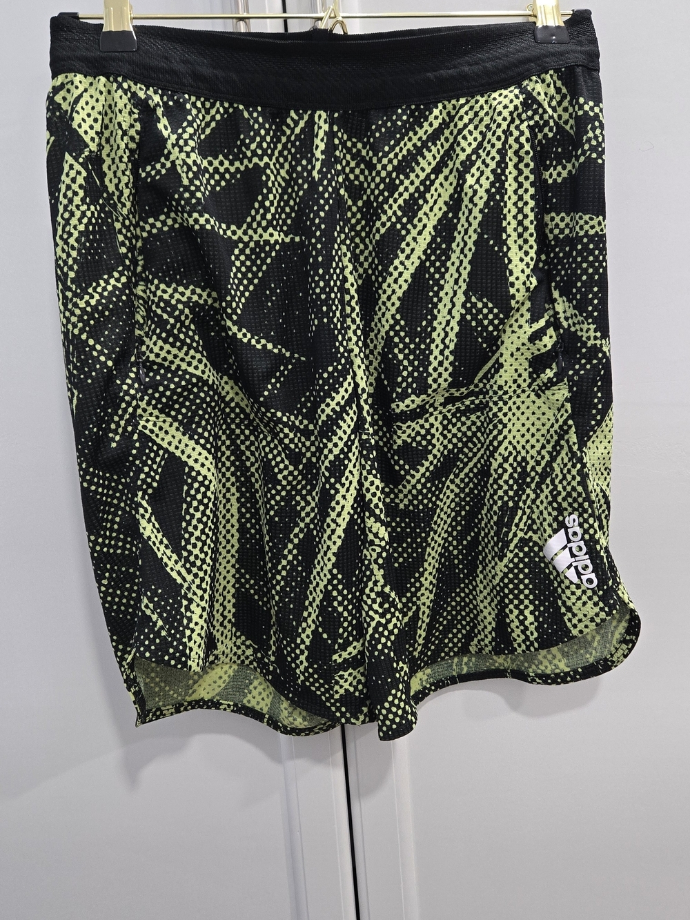 adidas Men’s Black & Lime Green Patterned Athletic Shorts